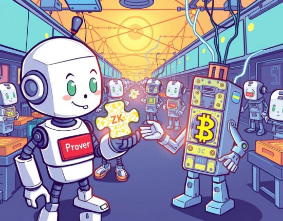 A vibrant cartoon of the ProverNet mainnet beta marketplace where digital agents trade Zero-Knowledge proofs.