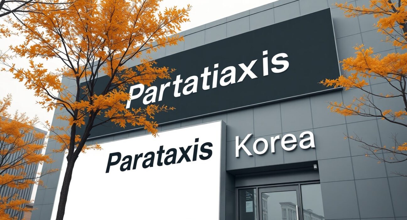 Parataxis Korea office building sign in Seoul symbolizing Bridge Biotherapeutics rebrand to digital assets