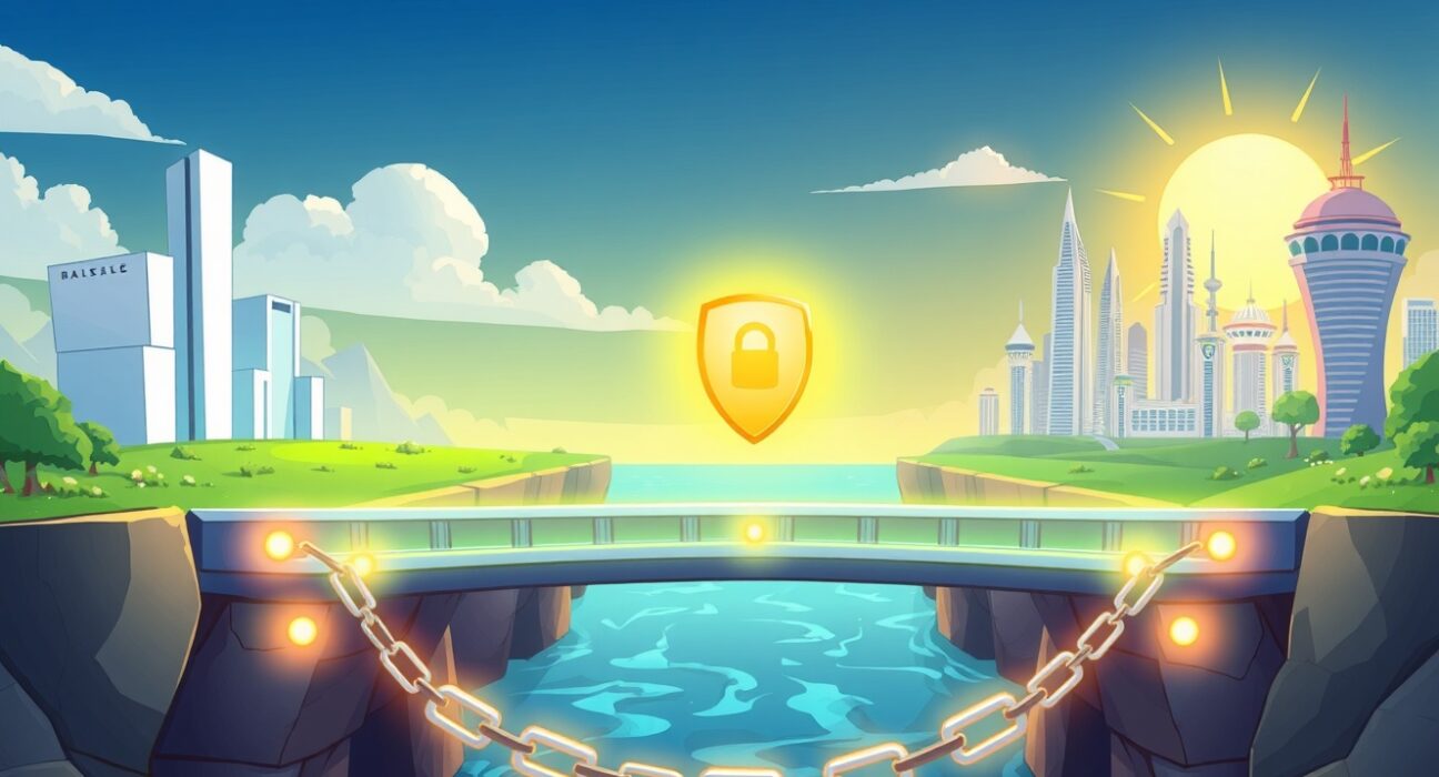 A secure cartoon bridge connects Base and Solana blockchains for cross-chain asset transfers.