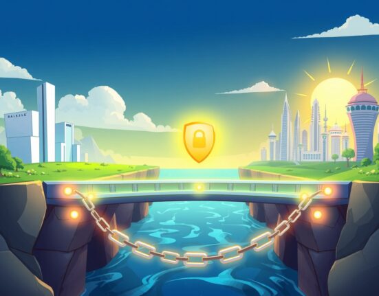 A secure cartoon bridge connects Base and Solana blockchains for cross-chain asset transfers.