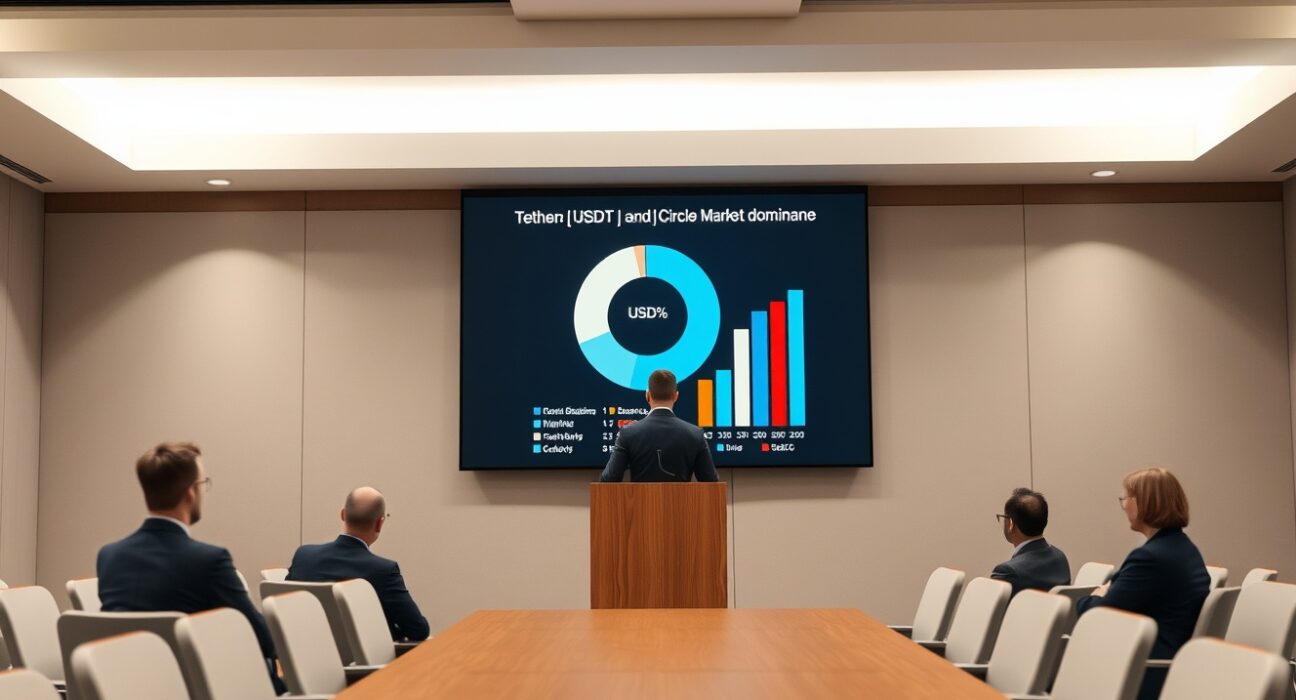 Speaker at a conference presenting market dominance data for Tether and Circle stablecoins on a large screen.