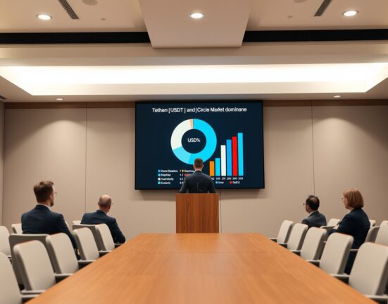 Speaker at a conference presenting market dominance data for Tether and Circle stablecoins on a large screen.