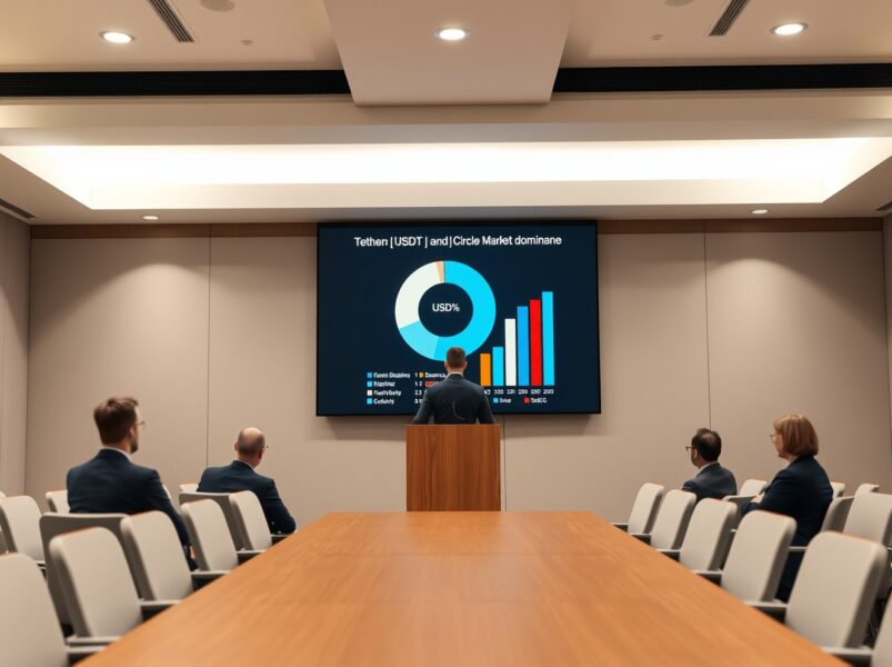 Speaker at a conference presenting market dominance data for Tether and Circle stablecoins on a large screen.