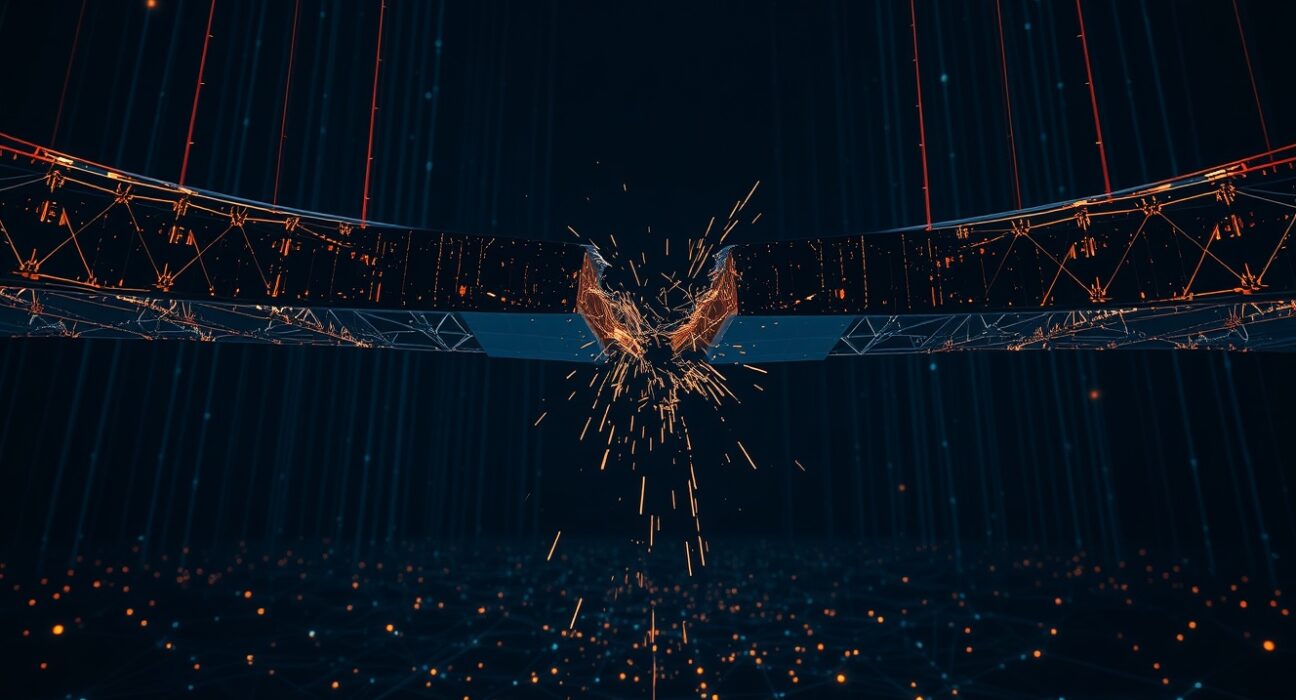 A cracked digital bridge suspended over a glowing blockchain network, symbolizing crypto bridge hacks and security vulnerabilities.