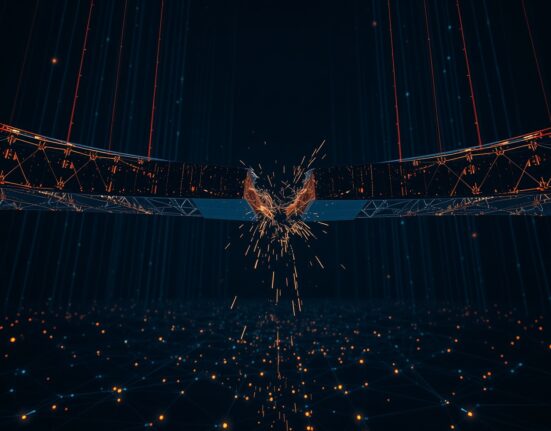 A cracked digital bridge suspended over a glowing blockchain network, symbolizing crypto bridge hacks and security vulnerabilities.