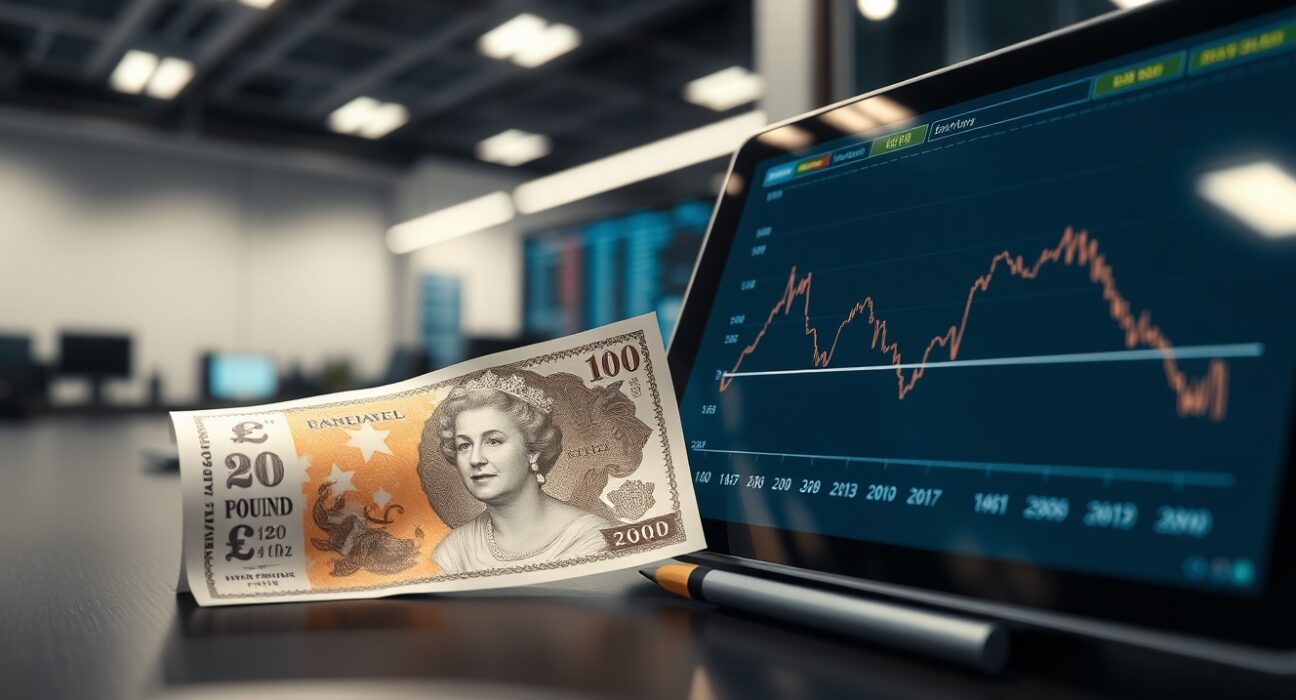 British Pound Sterling banknote next to a tablet showing a downward chart trend on a news desk.