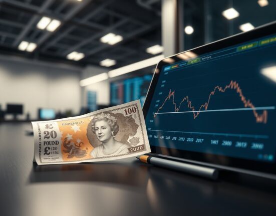 British Pound Sterling banknote next to a tablet showing a downward chart trend on a news desk.