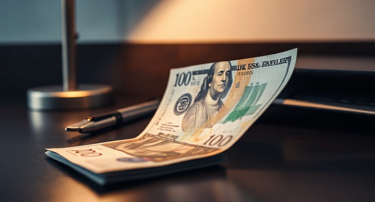 British pound and US dollar banknotes on a desk, representing GBP/USD exchange rate analysis.