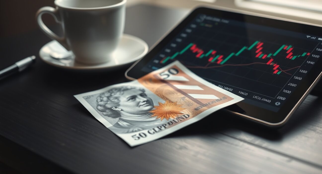 British Pound banknote and financial chart on desk representing GBP/USD forex market analysis