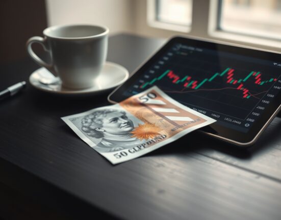 British Pound banknote and financial chart on desk representing GBP/USD forex market analysis