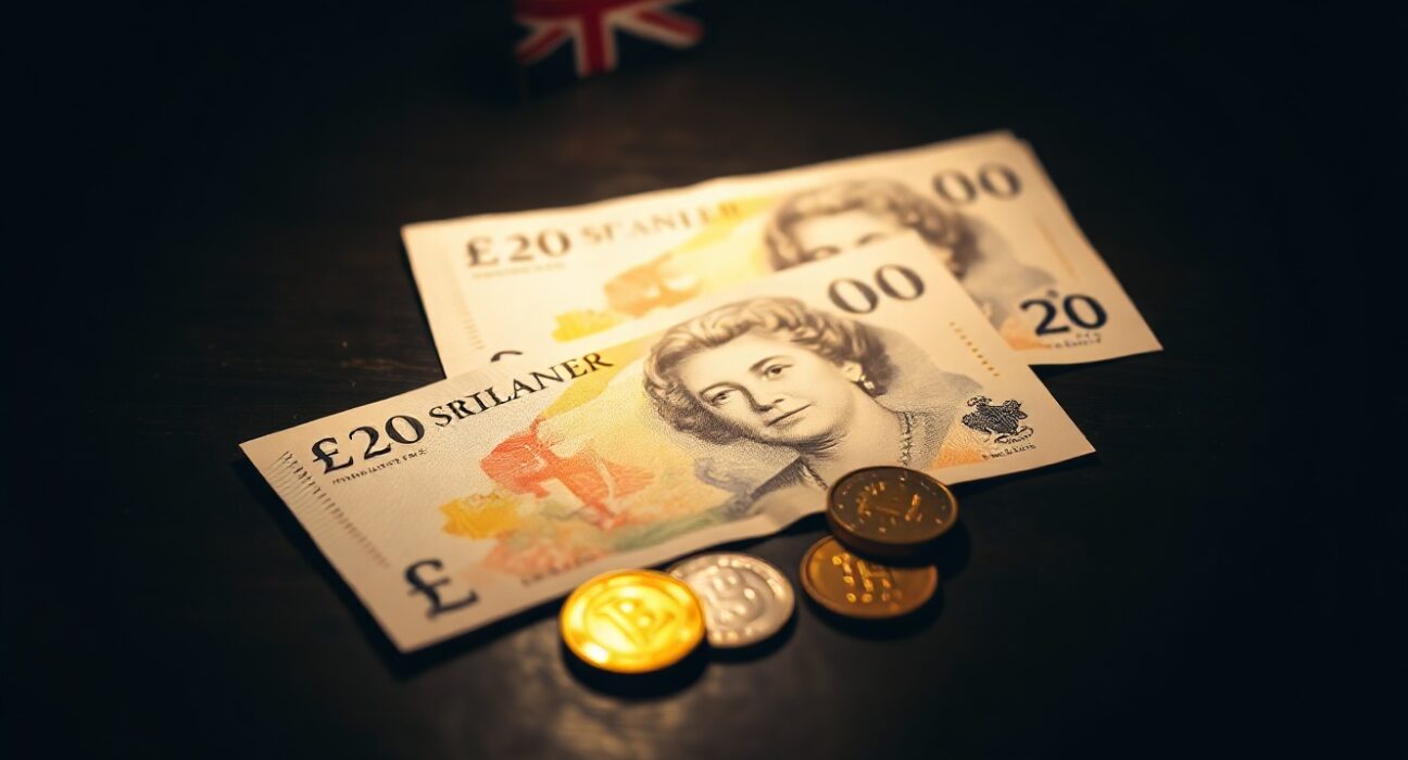 British Pound banknotes and coins on a dark surface with Union Jack flag in background.