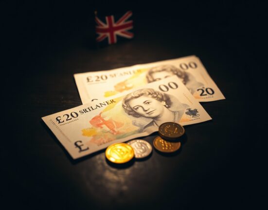 British Pound banknotes and coins on a dark surface with Union Jack flag in background.