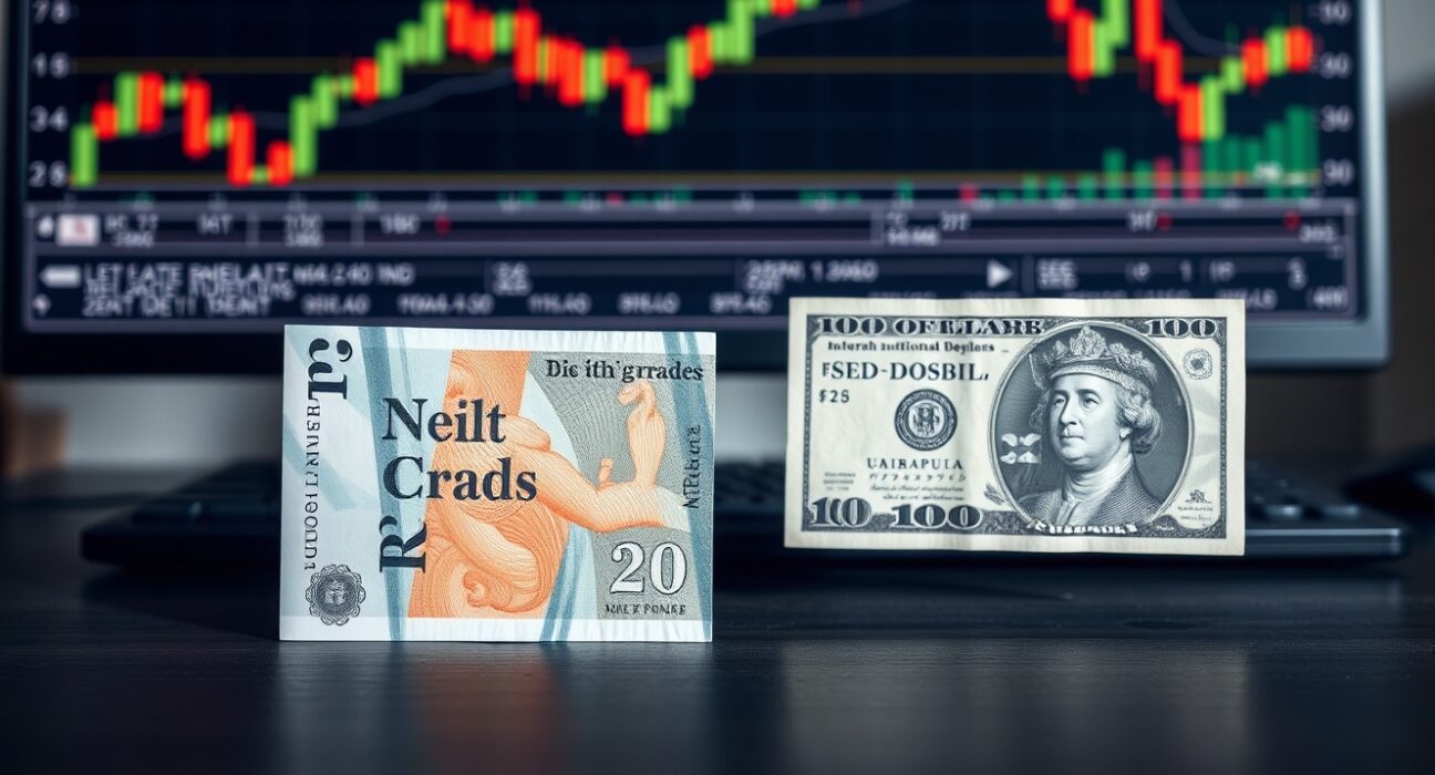 British Pound and US Dollar banknotes on a desk with a financial chart in the background.
