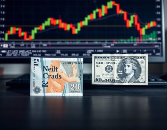 British Pound and US Dollar banknotes on a desk with a financial chart in the background.