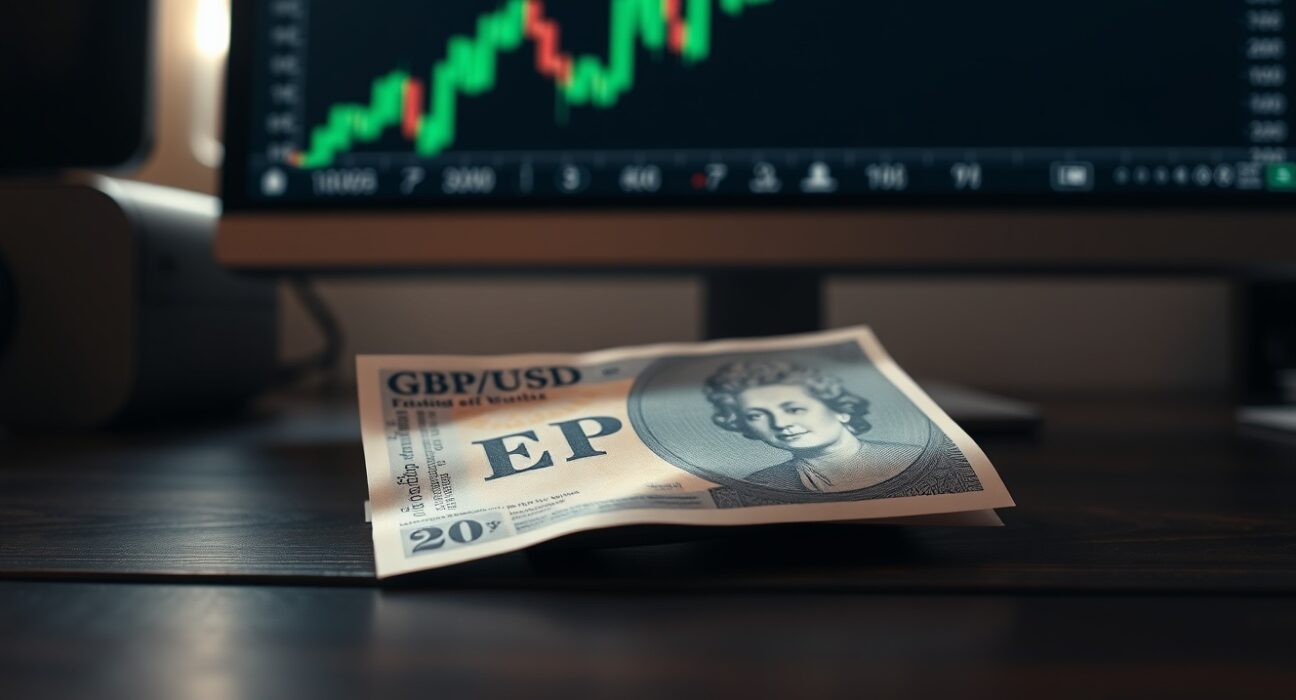 British pound banknote on desk with computer monitor showing rising GBP/USD chart