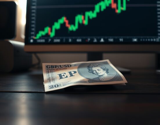 British pound banknote on desk with computer monitor showing rising GBP/USD chart