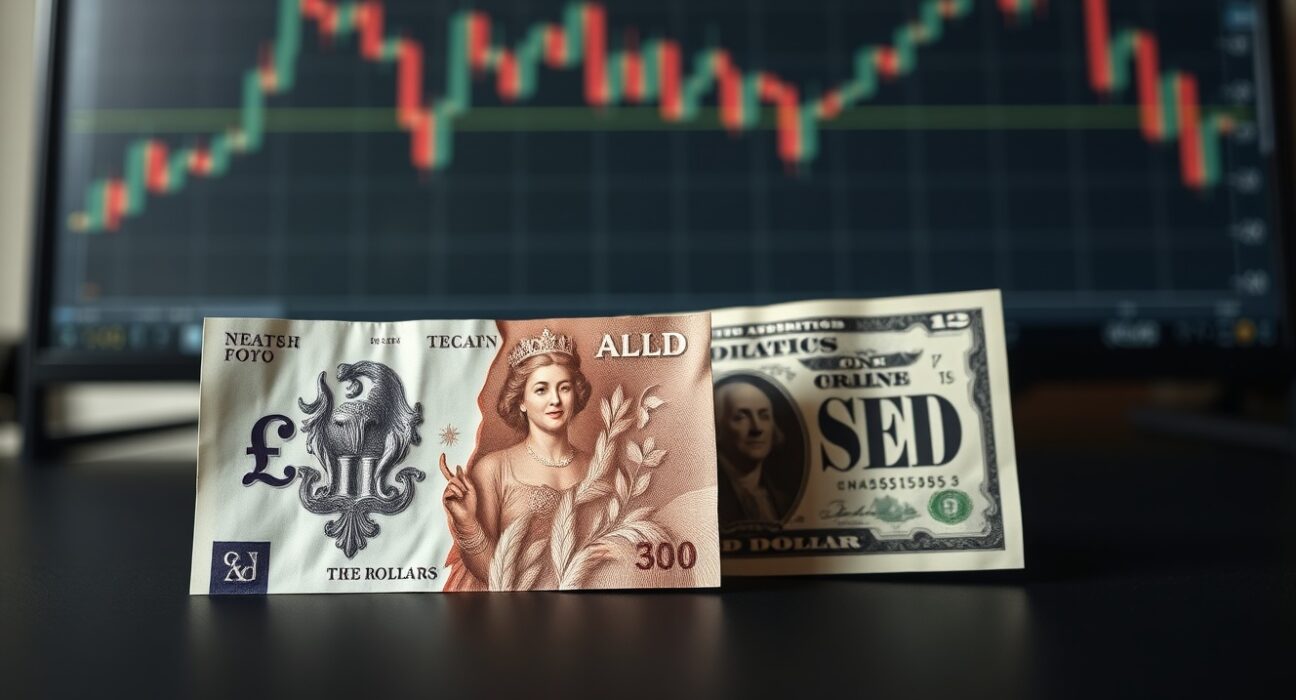British Pound and US Dollar banknotes on a trading desk with a blurred bearish chart in the background.