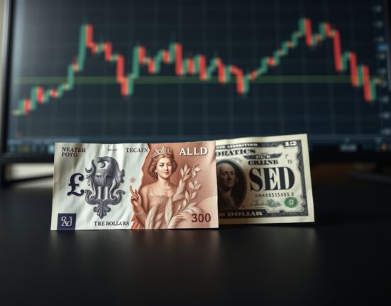 British Pound and US Dollar banknotes on a trading desk with a blurred bearish chart in the background.