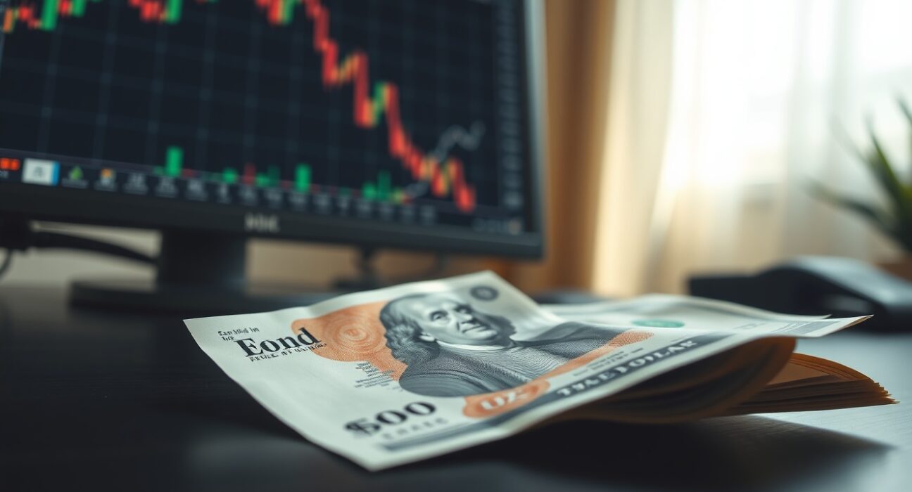 British pound and US dollar banknotes on a desk with a forex chart in the background