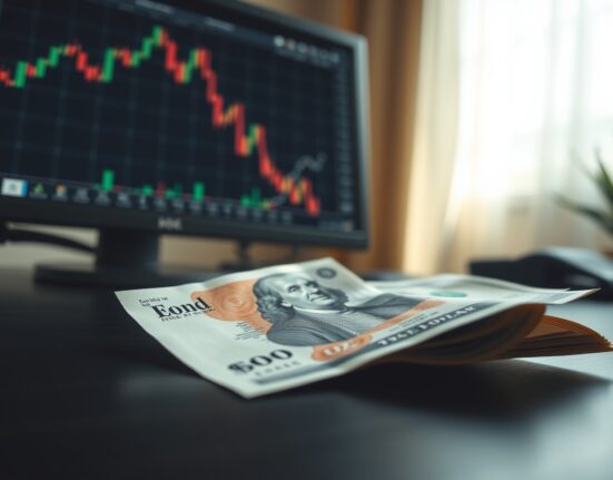 British pound and US dollar banknotes on a desk with a forex chart in the background