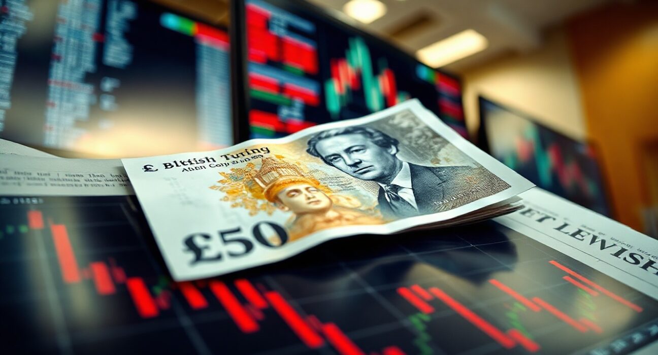 British Pound 50 GBP note on stock market charts showing decline