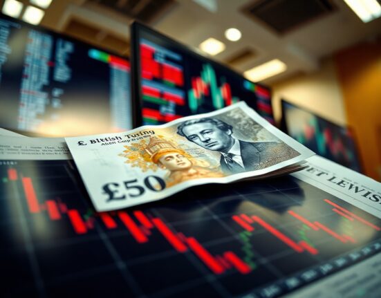British Pound 50 GBP note on stock market charts showing decline