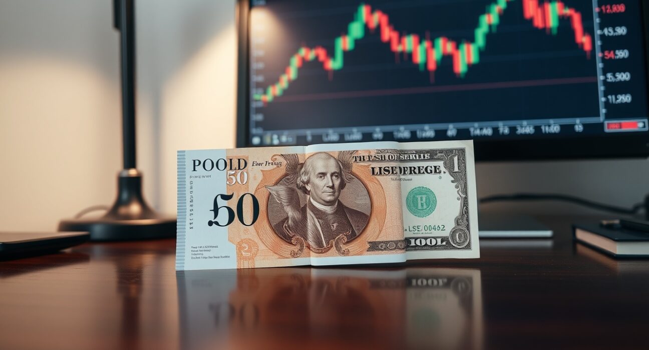 British Pound and US Dollar banknotes on a desk with a trading chart in the background