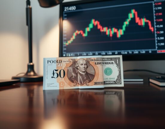 British Pound and US Dollar banknotes on a desk with a trading chart in the background