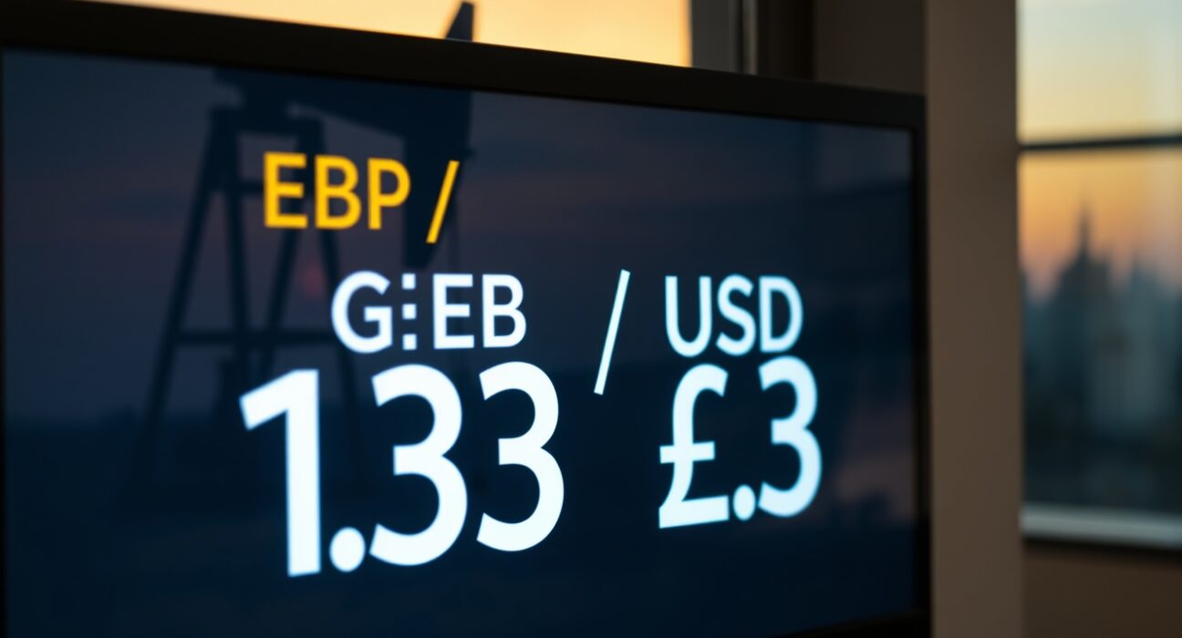 Digital trading screen showing GBP/USD rate below 1.33 with oil rig silhouette in background