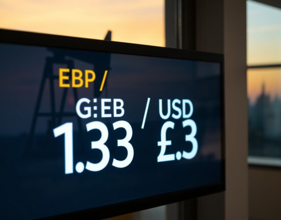 Digital trading screen showing GBP/USD rate below 1.33 with oil rig silhouette in background