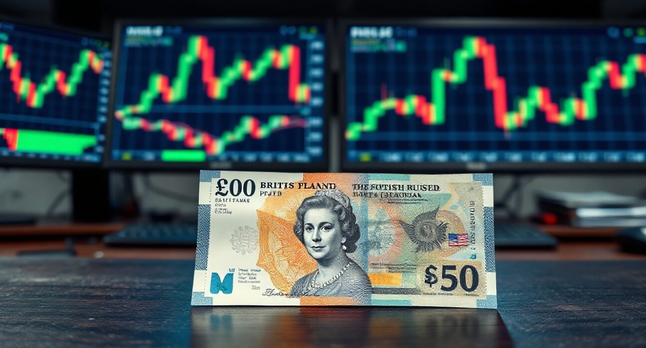British Pound and US Dollar banknotes on a trading desk with forex charts in the background
