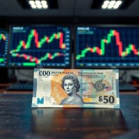 British Pound and US Dollar banknotes on a trading desk with forex charts in the background