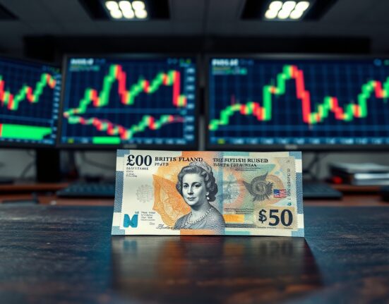 British Pound and US Dollar banknotes on a trading desk with forex charts in the background