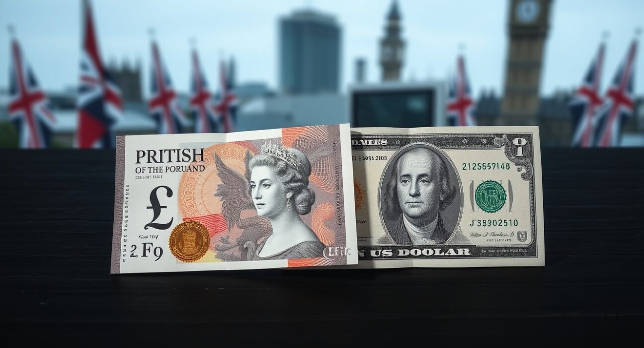 British Pound and US Dollar banknotes representing GBP/USD exchange rate pressure from geopolitical tensions.