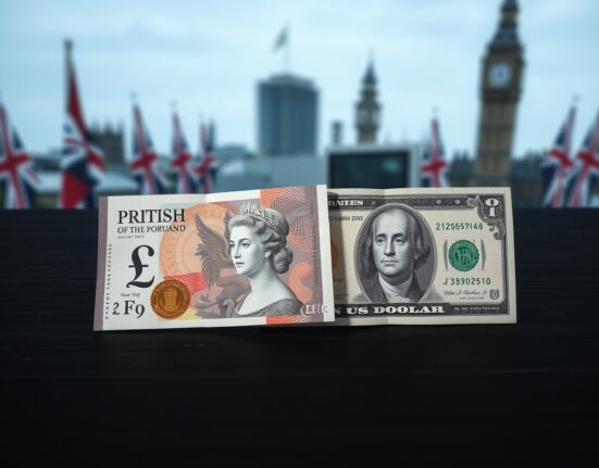 British Pound and US Dollar banknotes representing GBP/USD exchange rate pressure from geopolitical tensions.