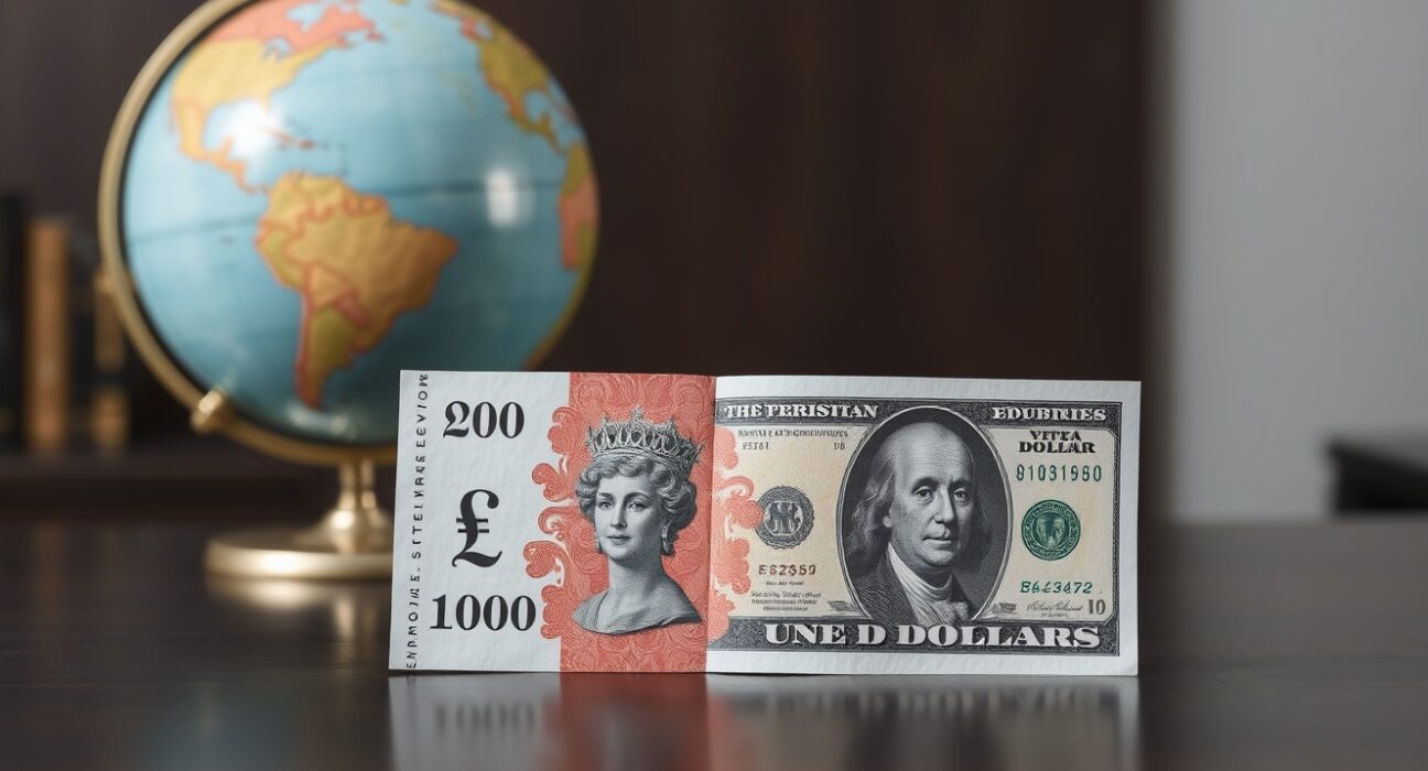 British pound and US dollar banknotes on a desk representing forex market volatility