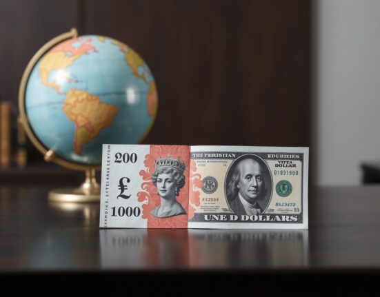 British pound and US dollar banknotes on a desk representing forex market volatility