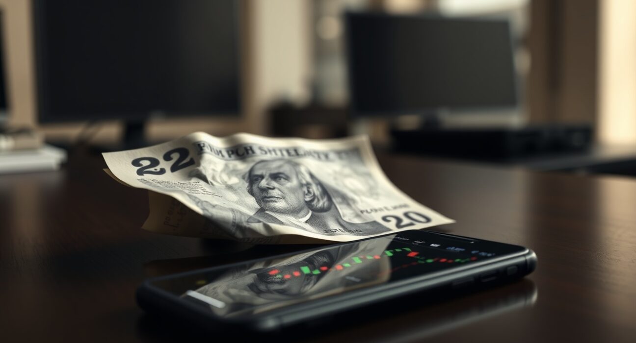 British Pound banknote and smartphone showing financial chart, representing economic analysis and currency market pressure.