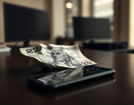 British Pound banknote and smartphone showing financial chart, representing economic analysis and currency market pressure.