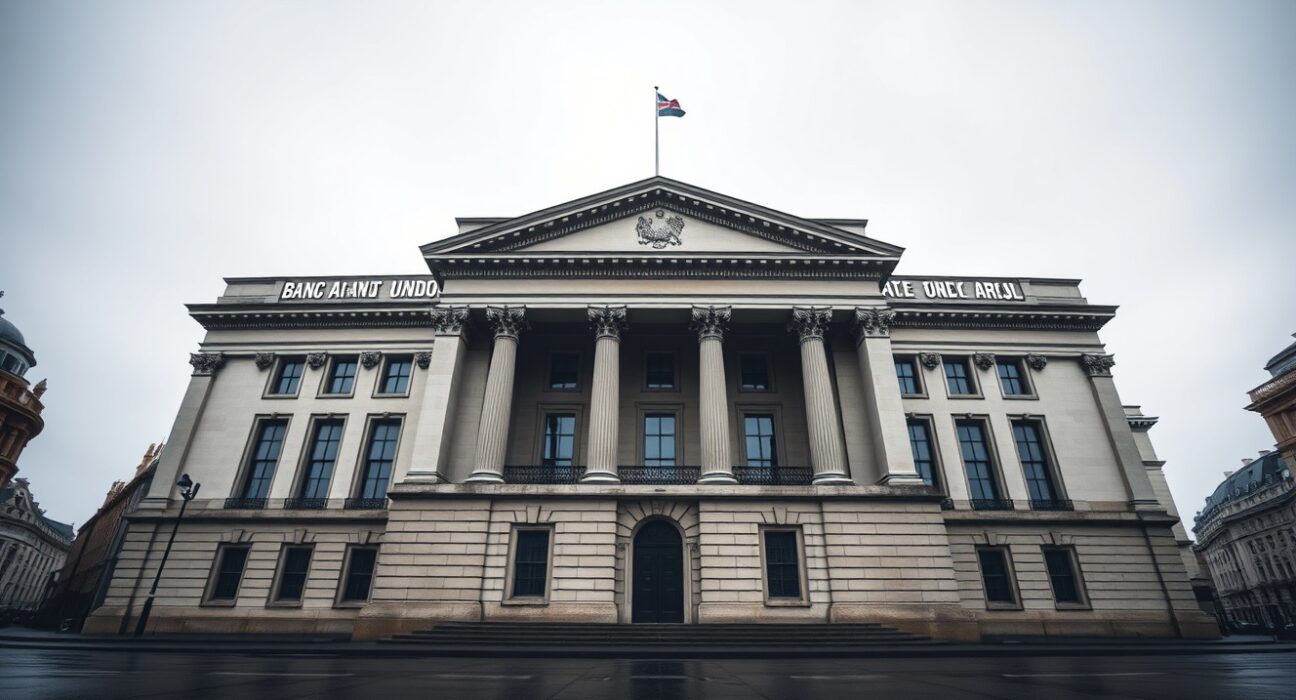 Bank of England building under grey sky, representing fiscal risks and currency market uncertainty