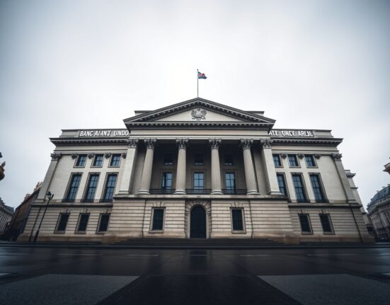 Bank of England building under grey sky, representing fiscal risks and currency market uncertainty