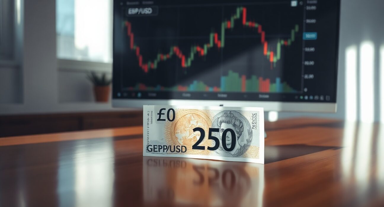 British Pound banknote on desk with financial chart in background