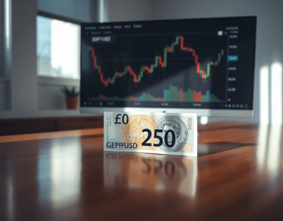 British Pound banknote on desk with financial chart in background