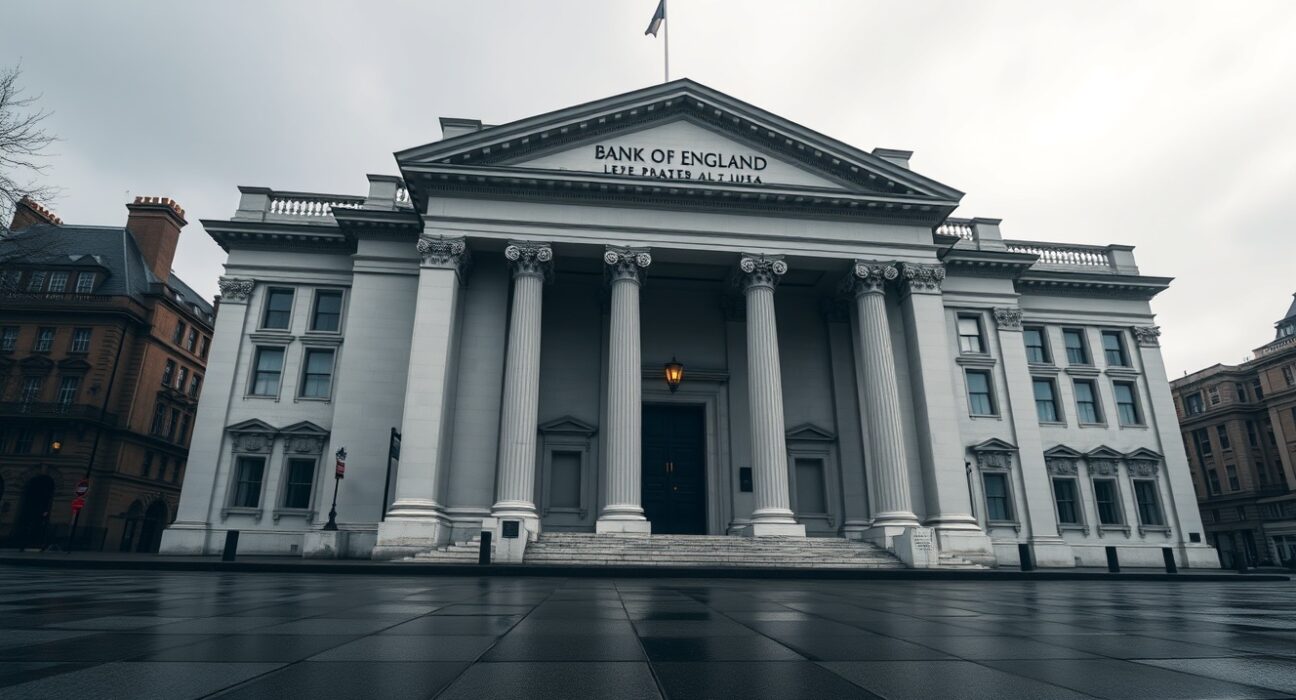 Bank of England building exterior on a cloudy day, representing extended interest rate hold forecast.