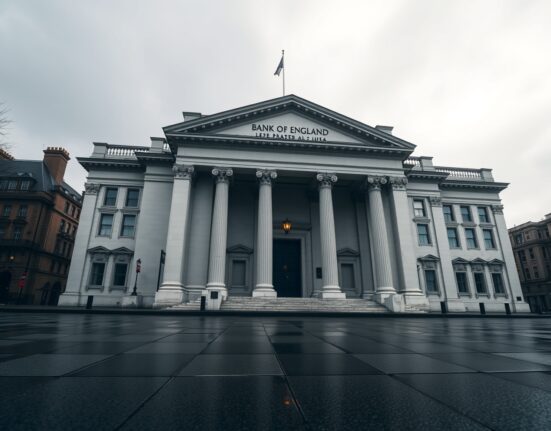 Bank of England building exterior on a cloudy day, representing extended interest rate hold forecast.