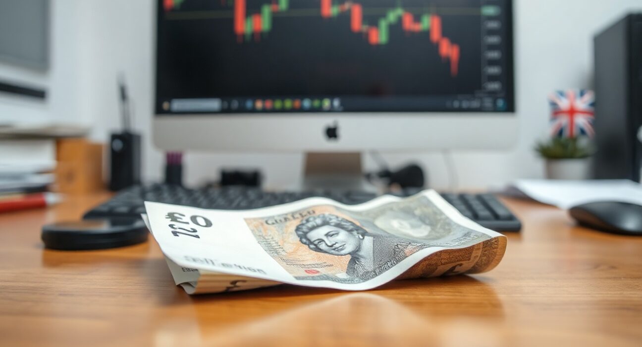 British Pound banknote on desk with financial charts in background, representing forex market analysis