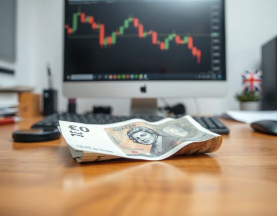 British Pound banknote on desk with financial charts in background, representing forex market analysis