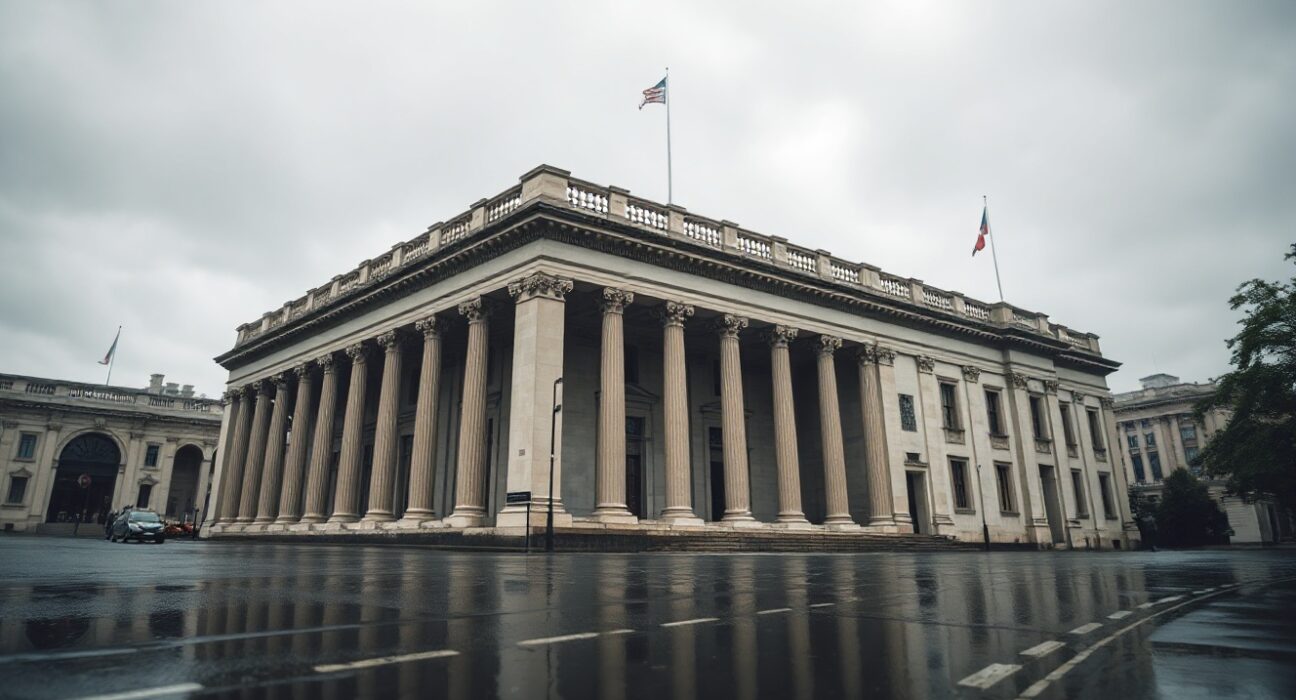 Bank of England building under overcast sky, reflecting cautious monetary policy outlook