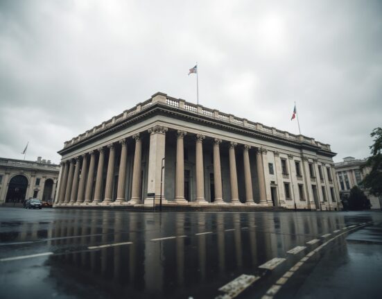 Bank of England building under overcast sky, reflecting cautious monetary policy outlook