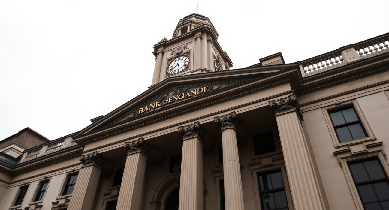 Bank of England building in London on a cloudy day, representing UK monetary policy and British Pound outlook.